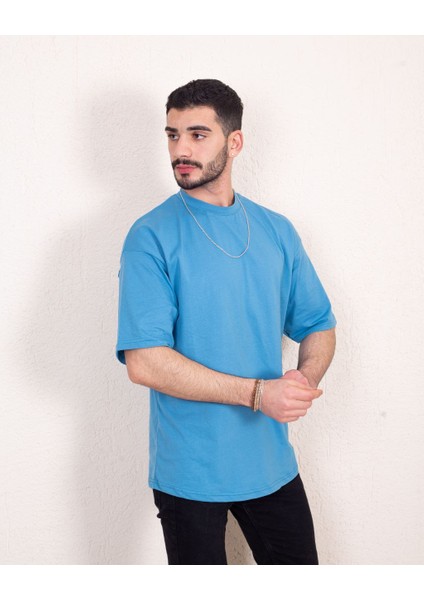 Erkek Oversize Fit Organik Pamuk Kalın Dokulu Bisiklet Yakalı Mavi T-Shirt modelleri