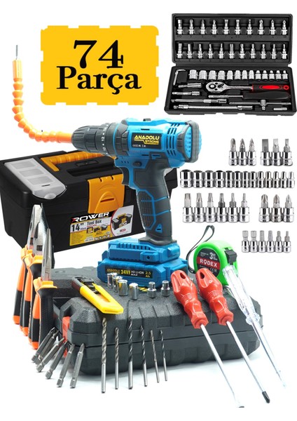 74 Pcs Premium Seri Full Takım Lokma Set Pense Yan Keski Tornavida Matkap Seti