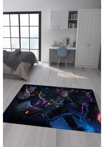Kaymaz Taban Makinada Yıkanabilir Dijital Baskı Arcane Jinx ve Vi Desenli Çocuk Odası Halısı Dot Taban Halı ARC16