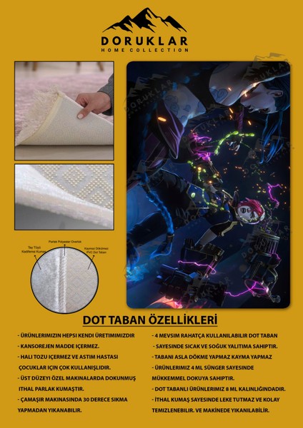Kaymaz Taban Makinada Yıkanabilir Dijital Baskı Arcane Jinx ve Vi Desenli Çocuk Odası Halısı Dot Taban Halı ARC16