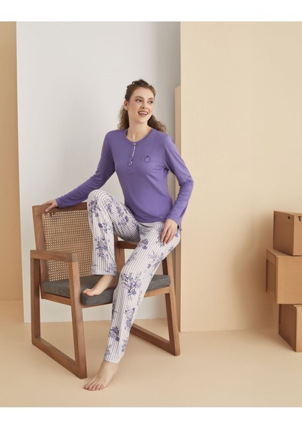 3025 Kadın Battal Pijama Takım ---Mor - -2xl