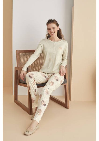 3019 Kadın Pijama Takım -- S - ---Bej