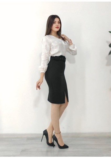 Kadın Siyah Yüksek Bel Midi Boy Kemerli Yırtmaç Detaylı Kalem Etek - Y6407