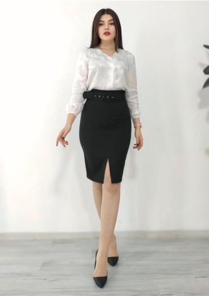 Kadın Siyah Yüksek Bel Midi Boy Kemerli Yırtmaç Detaylı Kalem Etek - Y6407 fiyatları