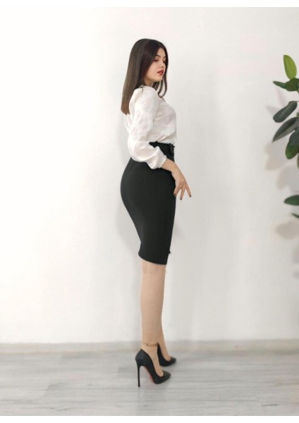 Kadın Siyah Yüksek Bel Midi Boy Kemerli Yırtmaç Detaylı Kalem Etek - Y6407 modelleri