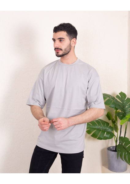 Erkek Oversize Fit Organik Pamuk Kalın Dokulu Bisiklet Yakalı Gri T-Shirt