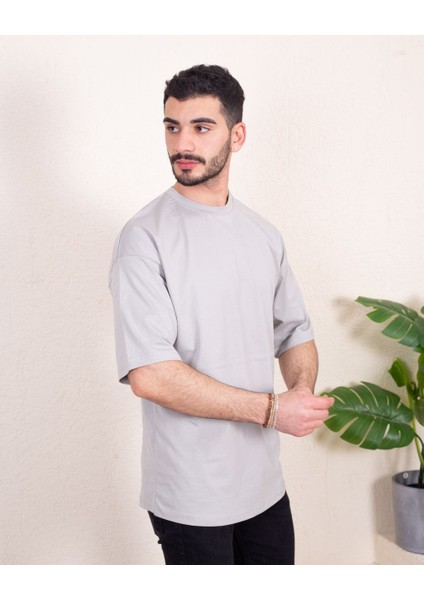 Erkek Oversize Fit Organik Pamuk Kalın Dokulu Bisiklet Yakalı Gri T-Shirt fiyatları