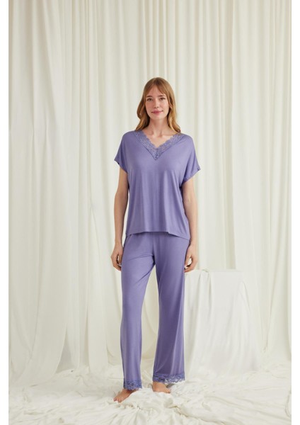 Kadın Kısa Kollu V Yakalı Dantelli Pijama Takımı 18560 fiyatları