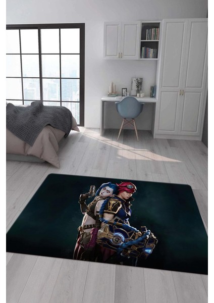 Kaymaz Taban Makinada Yıkanabilir Dijital Baskı Arcane Jinx ve Vi Desenli Çocuk Odası Halısı Dot Taban Halı ARC17