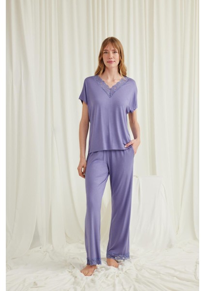 Kadın Kısa Kollu V Yakalı Dantelli Pijama Takımı 18560 fırsatları