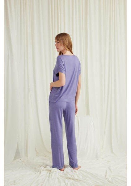 Kadın Kısa Kollu V Yakalı Dantelli Pijama Takımı 18560 indirimleri