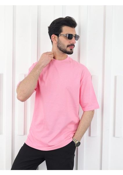 Erkek Oversize Fit Organik Pamuk Kalın Dokulu Bisiklet Yakalı Pembe T-Shirt