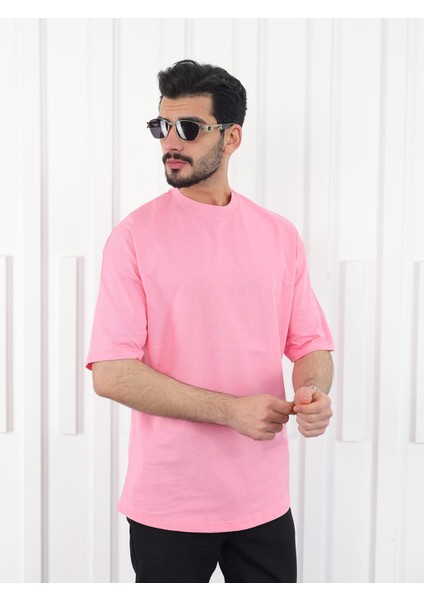 Erkek Oversize Fit Organik Pamuk Kalın Dokulu Bisiklet Yakalı Pembe T-Shirt fiyatları