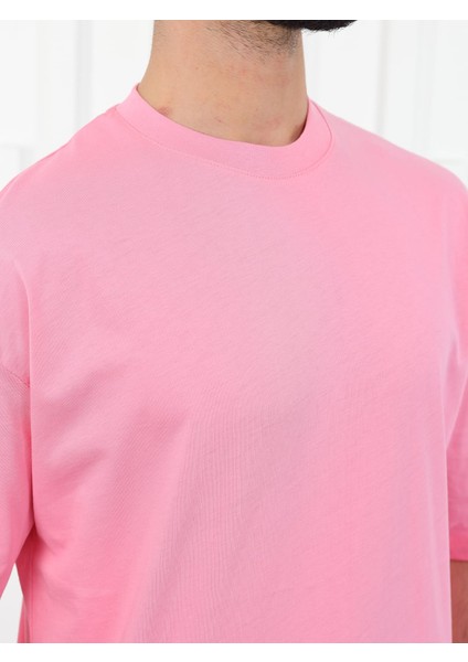 Erkek Oversize Fit Organik Pamuk Kalın Dokulu Bisiklet Yakalı Pembe T-Shirt modelleri