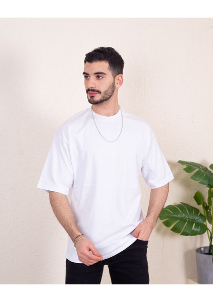 Erkek Oversize Fit Organik Pamuk Kalın Dokulu Bisiklet Yakalı Beyaz T-Shirt