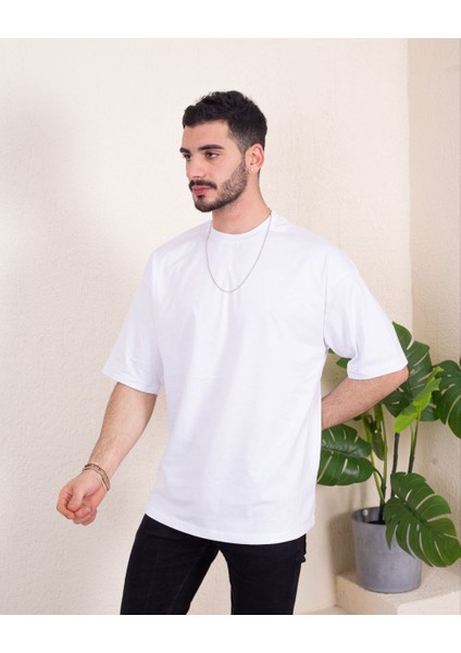 Erkek Oversize Fit Organik Pamuk Kalın Dokulu Bisiklet Yakalı Beyaz T-Shirt fiyatları