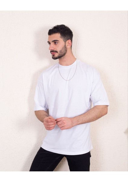 Erkek Oversize Fit Organik Pamuk Kalın Dokulu Bisiklet Yakalı Beyaz T-Shirt modelleri