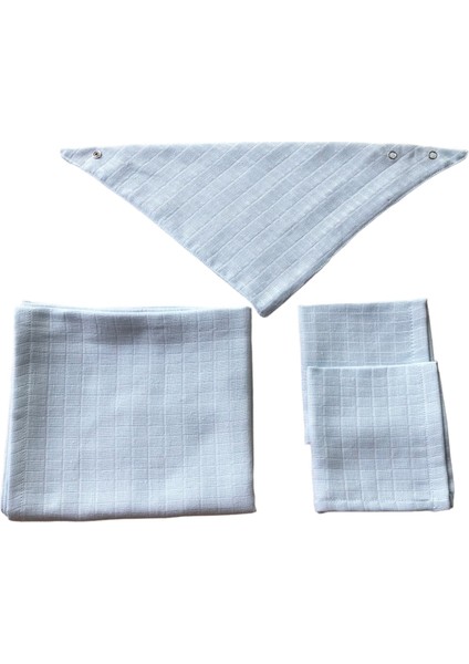 Bebek 85X75 Mavi Müslin Örtü,1 Önlük,1 Diş Kaşıyıcı,2 Mendil,5 Li TAKIM, Pamuk
