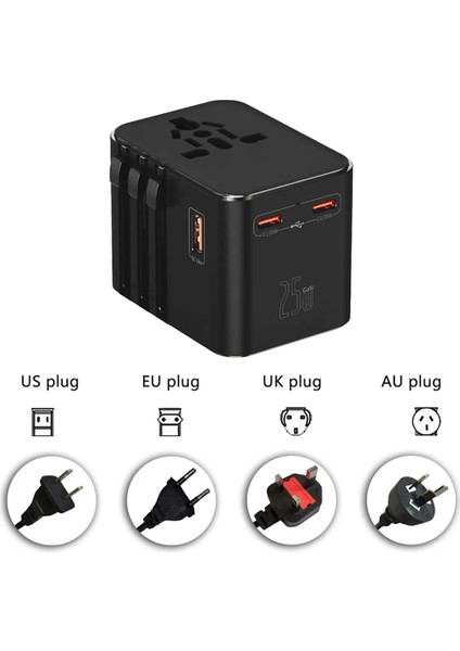 Evrensel Seyahat Şarj Adaptörü Fiş Priz Dönüştürücü Priz 25W /1xusb/2xtype-C/1xac