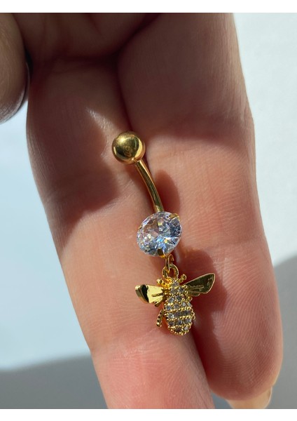 Arı Figürlü Zirkon Taşlı Sallantılı Çelik Göbek Piercing