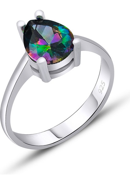 Gümüş Rodyumlu Mistik Topaz Taşlı Yüzük Damla Kesim 925 Ayar ST296