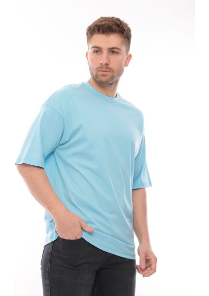 Erkek Oversize Fit Organik Pamuk Kalın Dokulu Bisiklet Yakalı Bebe Mavi T-Shirt