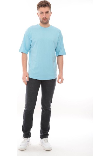 Erkek Oversize Fit Organik Pamuk Kalın Dokulu Bisiklet Yakalı Bebe Mavi T-Shirt modelleri