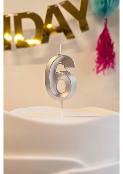 6 Yaş Gümüş Mum Rakam Pasta Mumu Yaş Mum Gümüş Renk