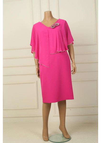 Kadın Ön Arka V Yaka Üstü Şifon Taş Detaylı Güllü Büyük Beden Krep Kısa Elbise modelleri