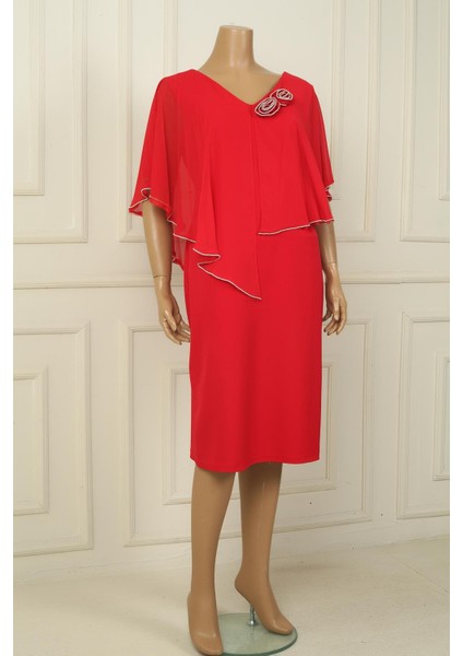 Kadın Ön Arka V Yaka Üstü Şifon Taş Detaylı Güllü Büyük Beden Krep Kısa Elbise