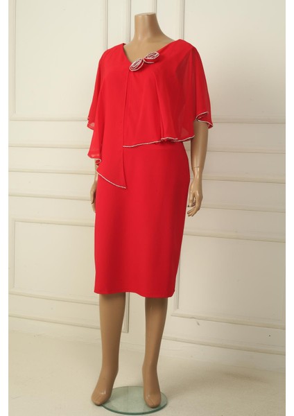 Kadın Ön Arka V Yaka Üstü Şifon Taş Detaylı Güllü Büyük Beden Krep Kısa Elbise fiyatları