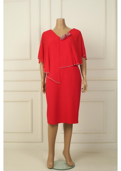 Kadın Ön Arka V Yaka Üstü Şifon Taş Detaylı Güllü Büyük Beden Krep Kısa Elbise modelleri