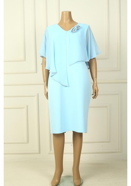 Kadın Ön Arka V Yaka Üstü Şifon Taş Detaylı Güllü Büyük Beden Krep Kısa Elbise