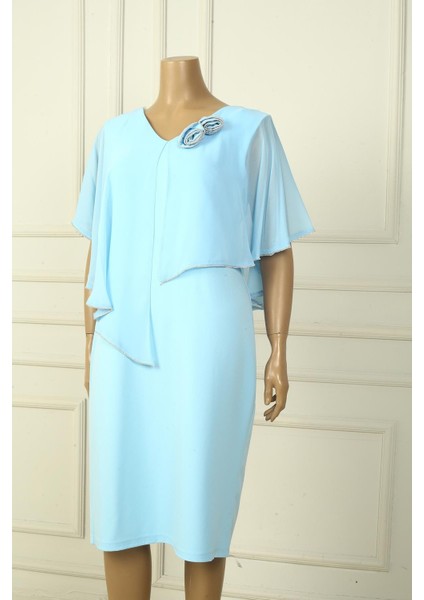 Kadın Ön Arka V Yaka Üstü Şifon Taş Detaylı Güllü Büyük Beden Krep Kısa Elbise fiyatları