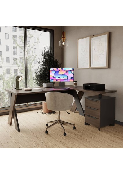 Omix L Masa Çalışma Ofis Masa Takımı 140 Cm (Koyu Meşe)
