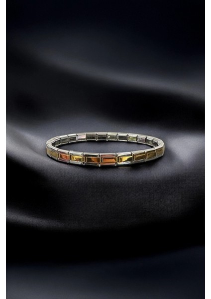 T-Blk-18 Paslanmaz Ortası Gold Kenarı Gümüş Renk İnce Charm Bileklik