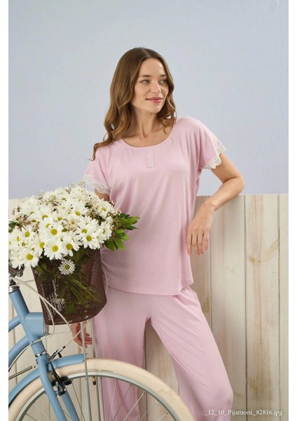 Dublin Kumaş Dantel Detaylı Kısa Kol Pembe Pijama Takımı - 5345