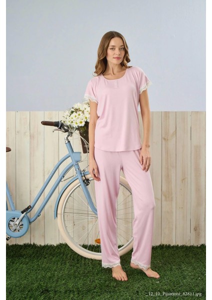 Dublin Kumaş Dantel Detaylı Kısa Kol Pembe Pijama Takımı - 5345 fiyatları