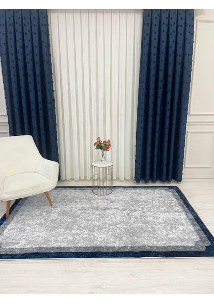 Lacivert-Gri Çerçeve Kenarlı Modern Desenli Lateks Taban Halı