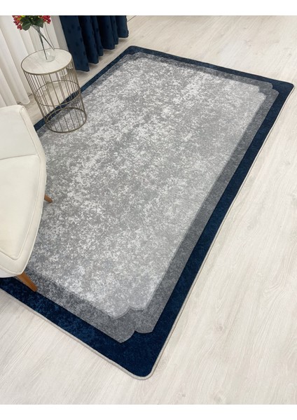 Lacivert-Gri Çerçeve Kenarlı Modern Desenli Lateks Taban Halı