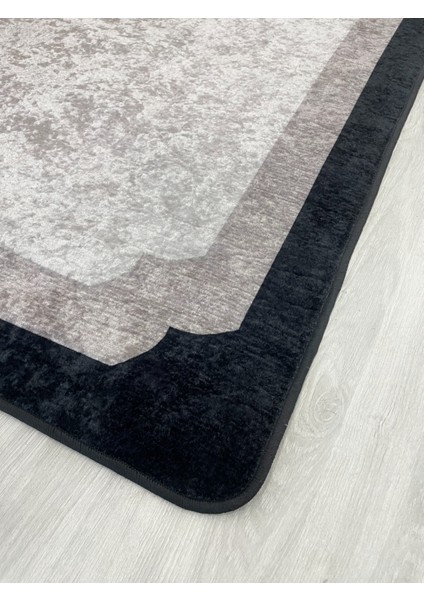 Bej-Siyah Çerçeve Kenarlı Modern Desenli Lateks Taban Halı