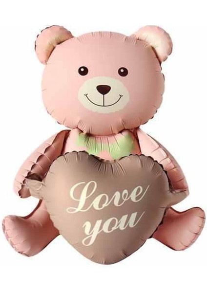 Love You Yazılı Retro Karamel Kalpli Pembe Oturan Ayı Folyo Balon