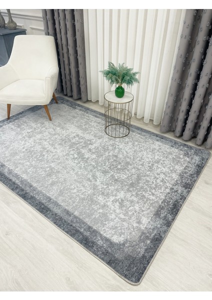 Gri Çerçeve Kenarlı Modern Desenli Lateks Taban Halı