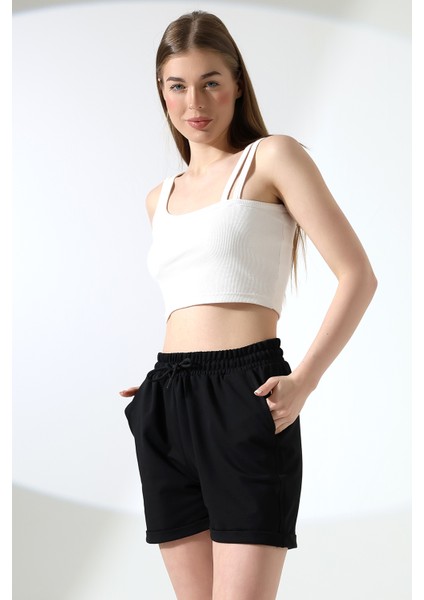 Paçası Katlamalı Geniş Rahat Kalıp Şort 21822 Siyah