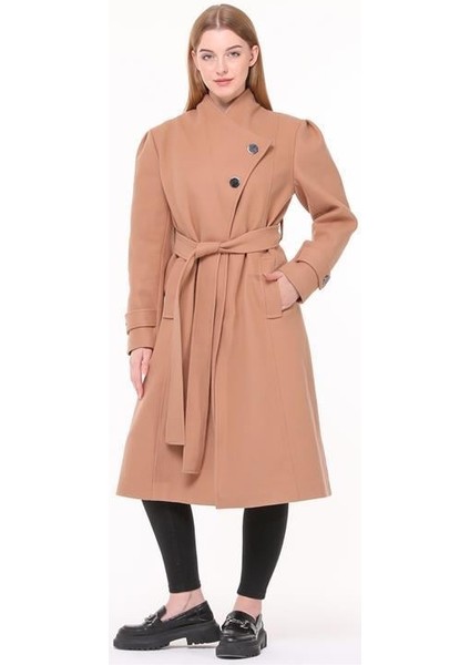 Dipmoda kadın midi oversize yün kaşe kaban DPPLTN03 - Camel