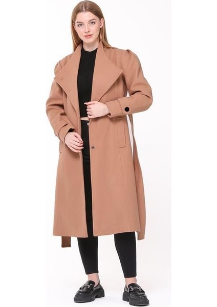 Dipmoda kadın midi oversize yün kaşe kaban DPPLTN03 - Camel