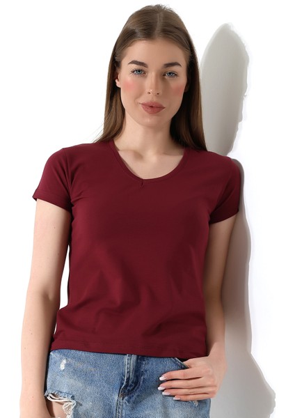 Pamuklu Penye Kompakt Likralı V Yaka Kısa Kol Basic T-Shirt 21043 Bordo