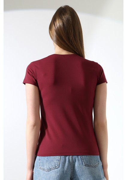 Pamuklu Penye Kompakt Likralı V Yaka Kısa Kol Basic T-Shirt 21043 Bordo fırsatları