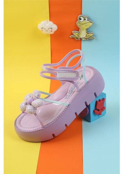 Dolgu Topuk Fiyonk Detay Şeffaf Cırtlı Özel Üretim Yeni Moda Yüksek Topuk Çoçuk Sandalet Terlik