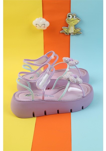 Dolgu Topuk Fiyonk Detay Şeffaf Cırtlı Özel Üretim Yeni Moda Yüksek Topuk Çoçuk Sandalet Terlik fiyatları